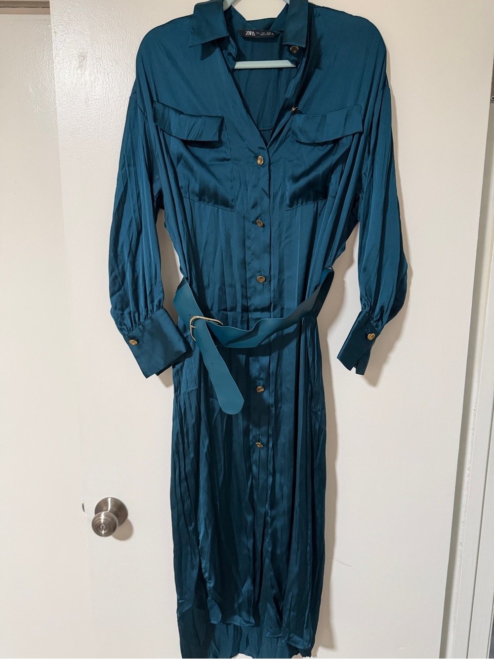Zara Teal Satin Maxi Shirt Dress with Belt